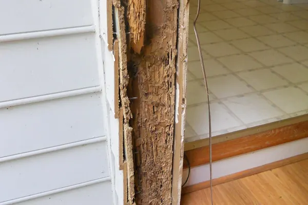 Montant de porte en bois creusé par les termites