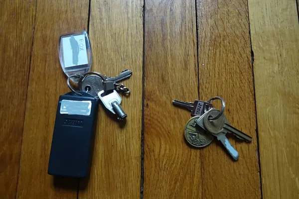 Clés d’appartement et télécommande de garage posées sur un parquet