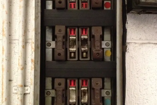 Ancien tableau électrique à fusibles avec protections en tissu d’amiante